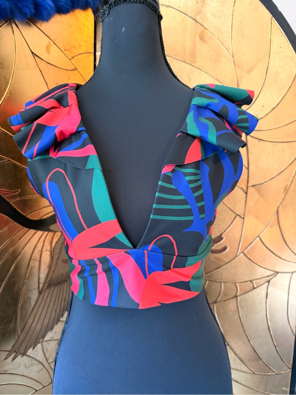 PatBO Black Crop Top with Red, Green & Blue Floral Print
